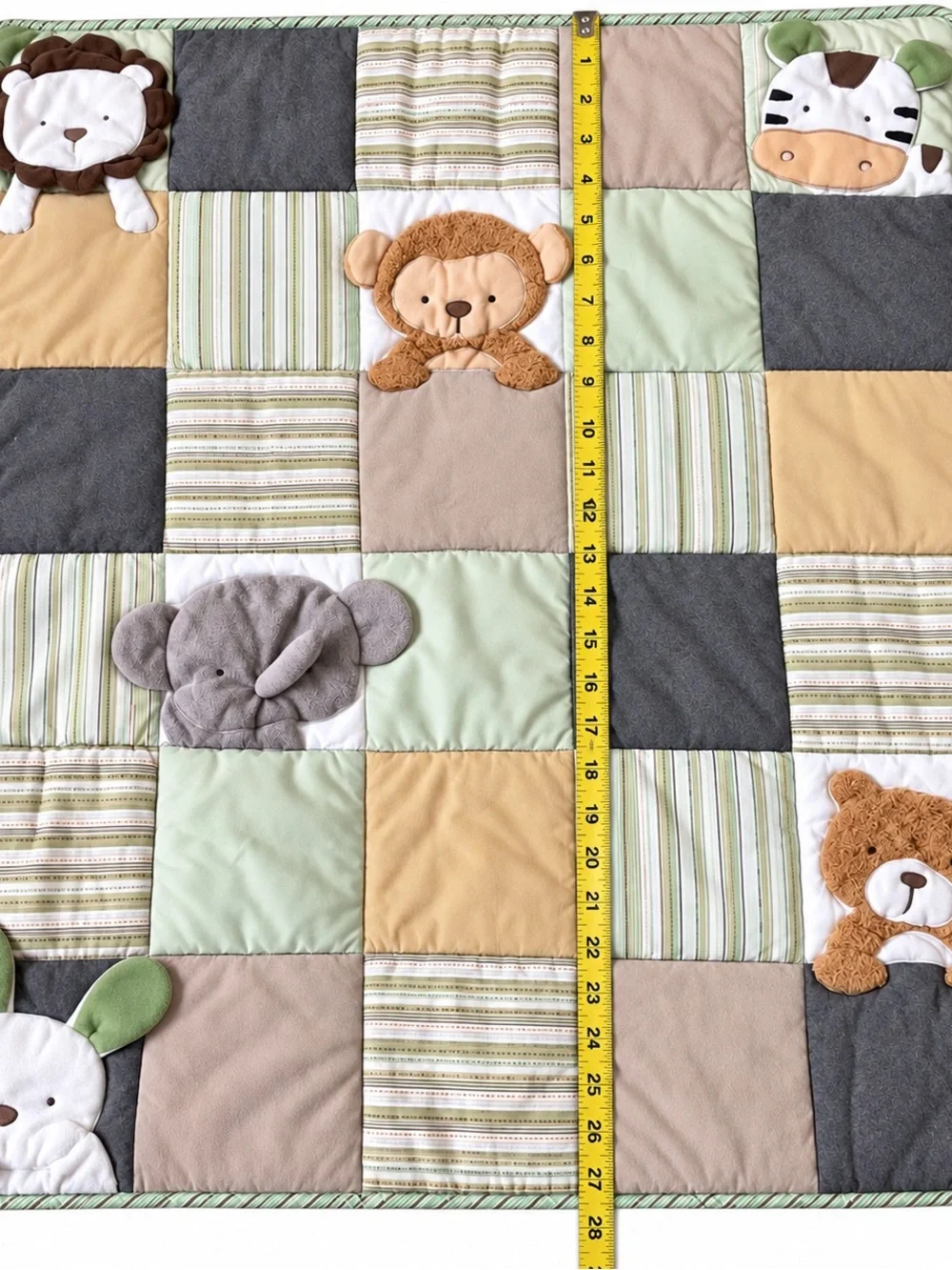 Vintage Baby Crib Quilt Safari Jungle Animals 3D Plush Appliqué Sage Green